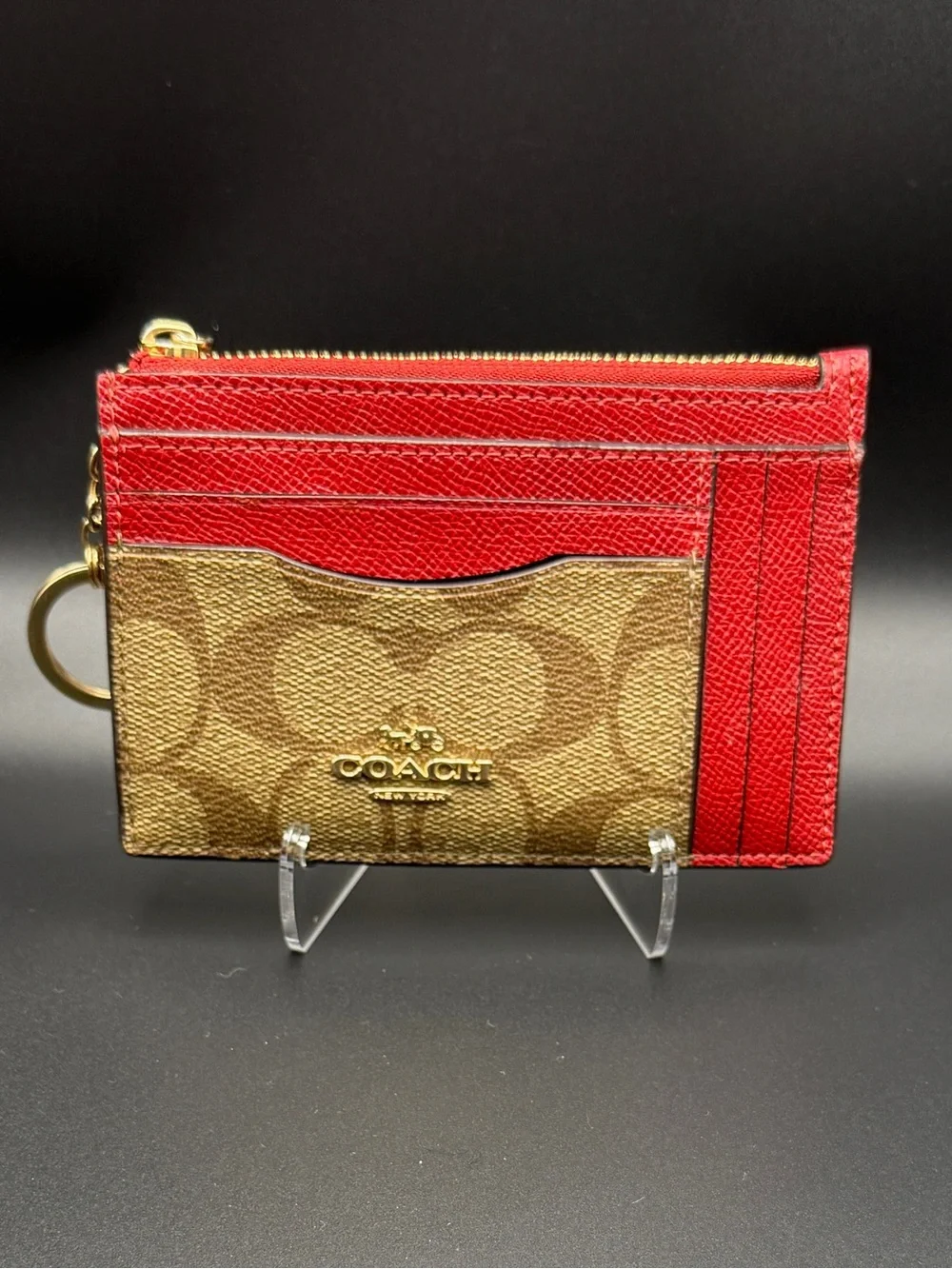 Coach Brown Signature Canvas Card Holder with Red Leather Trim